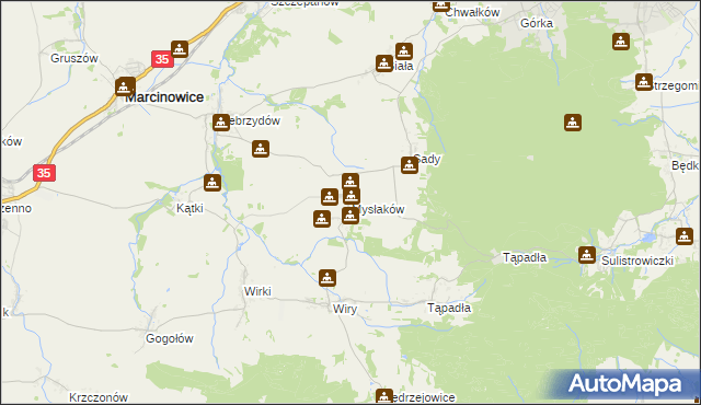 mapa Mysłaków gmina Marcinowice, Mysłaków gmina Marcinowice na mapie Targeo