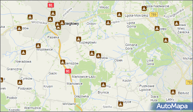 mapa Mysłów gmina Koziegłowy, Mysłów gmina Koziegłowy na mapie Targeo