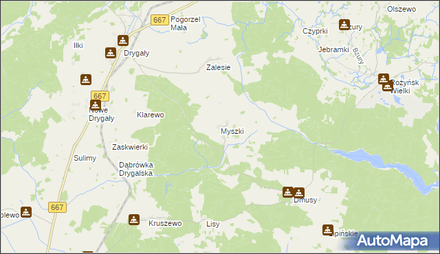 mapa Myszki gmina Biała Piska, Myszki gmina Biała Piska na mapie Targeo