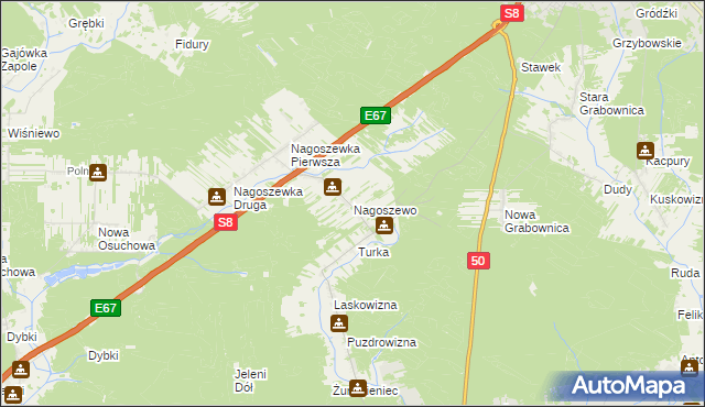 mapa Nagoszewo gmina Ostrów Mazowiecka, Nagoszewo gmina Ostrów Mazowiecka na mapie Targeo