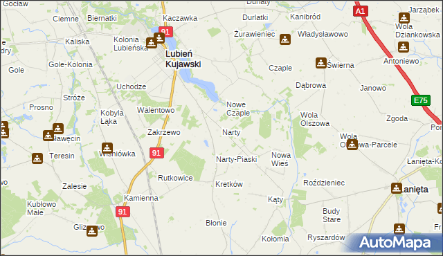 mapa Narty gmina Lubień Kujawski, Narty gmina Lubień Kujawski na mapie Targeo