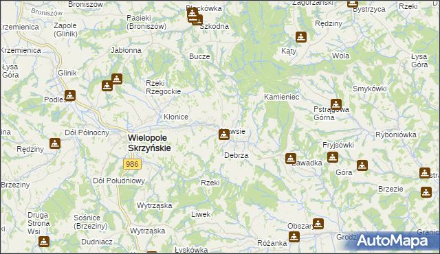 mapa Nawsie gmina Wielopole Skrzyńskie, Nawsie gmina Wielopole Skrzyńskie na mapie Targeo