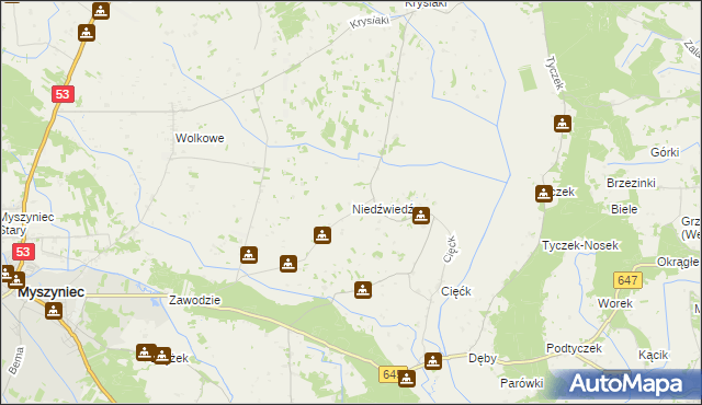 mapa Niedźwiedź gmina Myszyniec, Niedźwiedź gmina Myszyniec na mapie Targeo