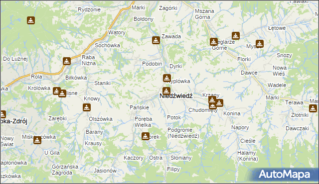 mapa Niedźwiedź powiat limanowski, Niedźwiedź powiat limanowski na mapie Targeo