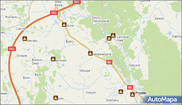 mapa Niedźwiedzkie gmina Prostki, Niedźwiedzkie gmina Prostki na mapie Targeo