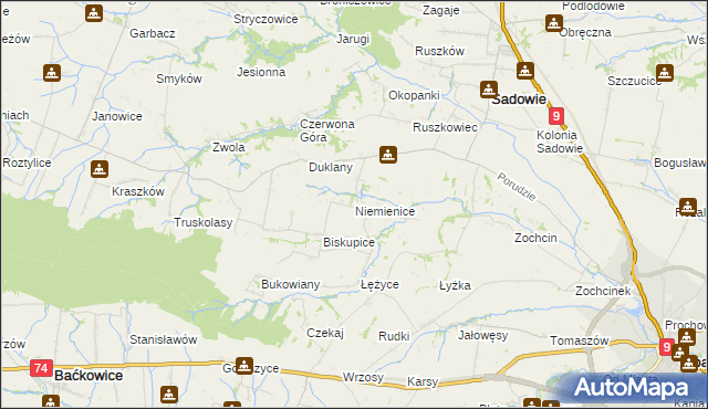 mapa Niemienice gmina Sadowie, Niemienice gmina Sadowie na mapie Targeo