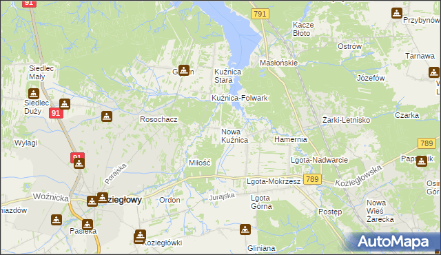 mapa Nowa Kuźnica gmina Koziegłowy, Nowa Kuźnica gmina Koziegłowy na mapie Targeo