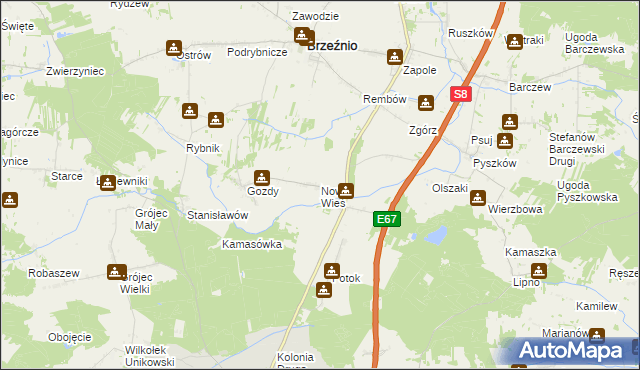 mapa Nowa Wieś gmina Brzeźnio, Nowa Wieś gmina Brzeźnio na mapie Targeo