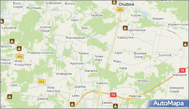 mapa Nowa Wieś gmina Drużbice, Nowa Wieś gmina Drużbice na mapie Targeo