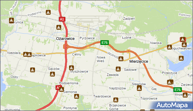 mapa Nowa Wieś gmina Mierzęcice, Nowa Wieś gmina Mierzęcice na mapie Targeo