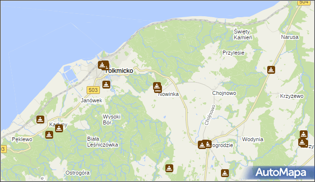 mapa Nowinka gmina Tolkmicko, Nowinka gmina Tolkmicko na mapie Targeo