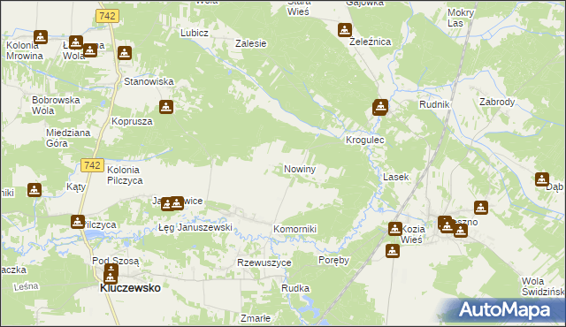 mapa Nowiny gmina Kluczewsko, Nowiny gmina Kluczewsko na mapie Targeo