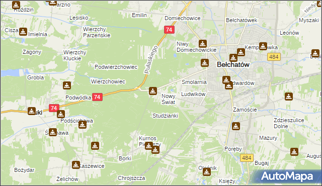 mapa Nowy Świat gmina Bełchatów, Nowy Świat gmina Bełchatów na mapie Targeo