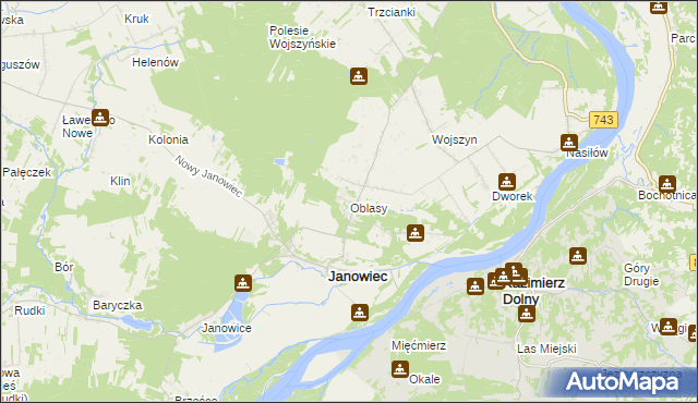 mapa Oblasy gmina Janowiec, Oblasy gmina Janowiec na mapie Targeo