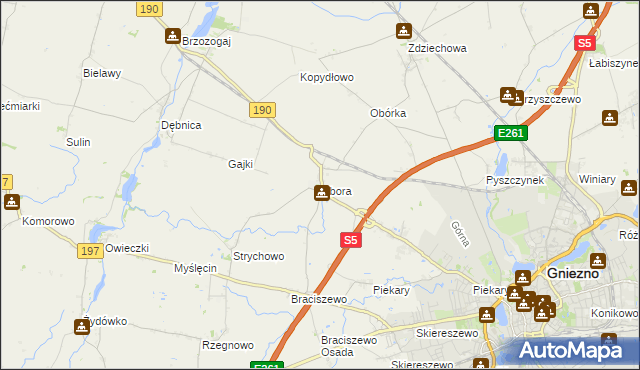 mapa Obora gmina Gniezno, Obora gmina Gniezno na mapie Targeo