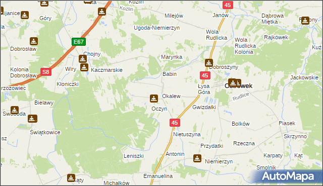 mapa Okalew gmina Ostrówek, Okalew gmina Ostrówek na mapie Targeo