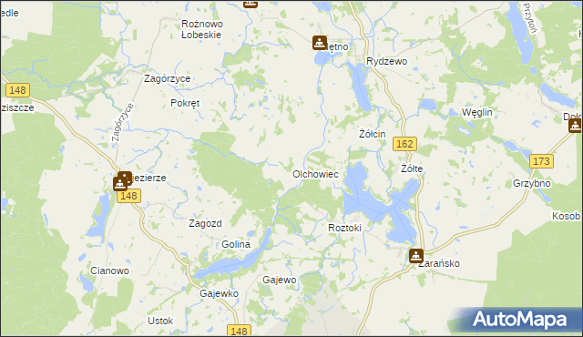mapa Olchowiec gmina Drawsko Pomorskie, Olchowiec gmina Drawsko Pomorskie na mapie Targeo
