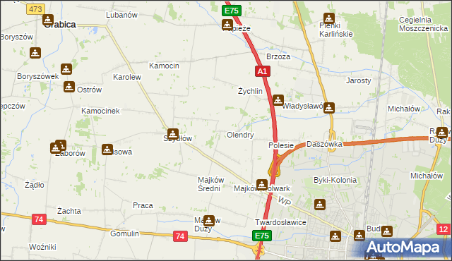 mapa Olendry gmina Grabica, Olendry gmina Grabica na mapie Targeo