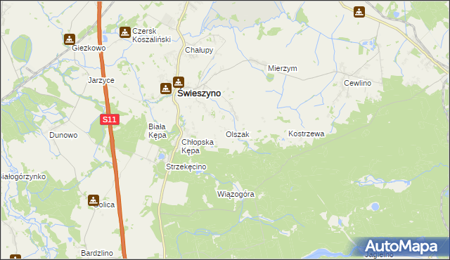 mapa Olszak gmina Świeszyno, Olszak gmina Świeszyno na mapie Targeo