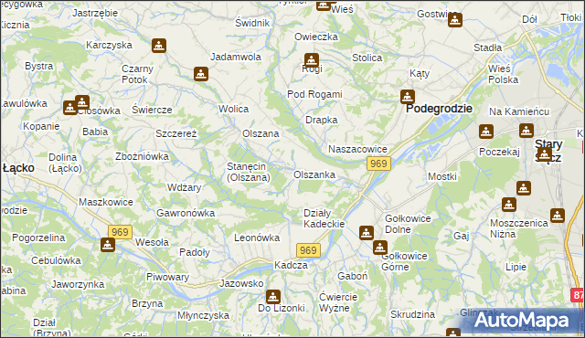 mapa Olszanka gmina Podegrodzie, Olszanka gmina Podegrodzie na mapie Targeo