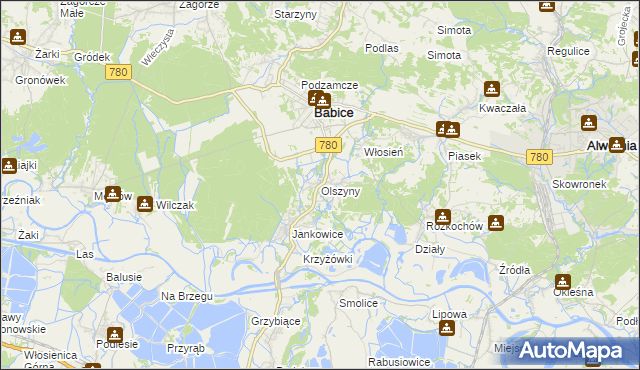 mapa Olszyny gmina Babice, Olszyny gmina Babice na mapie Targeo