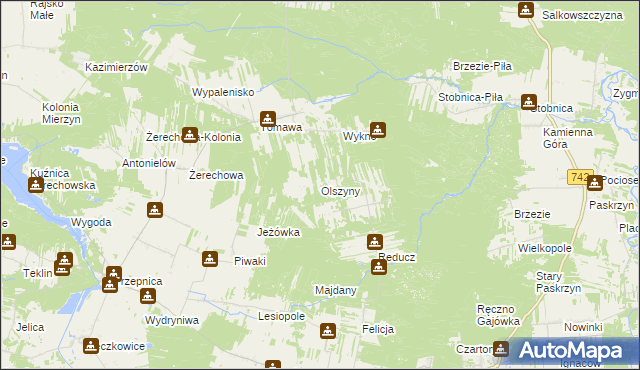 mapa Olszyny gmina Łęki Szlacheckie, Olszyny gmina Łęki Szlacheckie na mapie Targeo