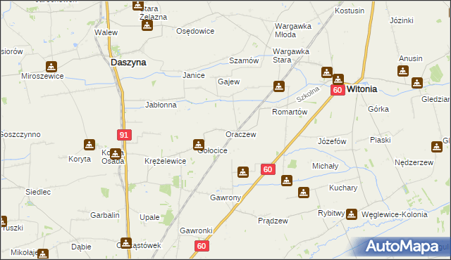 mapa Oraczew gmina Witonia, Oraczew gmina Witonia na mapie Targeo
