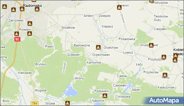 mapa Orzechówek gmina Kobiele Wielkie, Orzechówek gmina Kobiele Wielkie na mapie Targeo