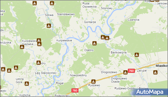 mapa Osetno gmina Miastkowo, Osetno gmina Miastkowo na mapie Targeo