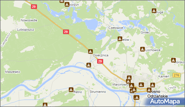 mapa Osiecznica gmina Krosno Odrzańskie, Osiecznica gmina Krosno Odrzańskie na mapie Targeo