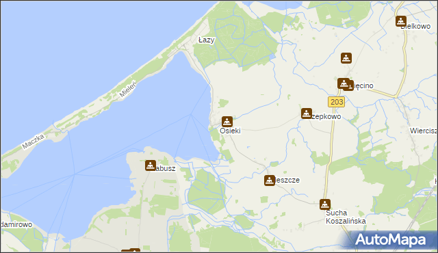 mapa Osieki gmina Sianów, Osieki gmina Sianów na mapie Targeo