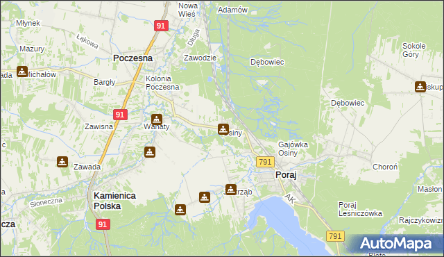 mapa Osiny gmina Kamienica Polska, Osiny gmina Kamienica Polska na mapie Targeo