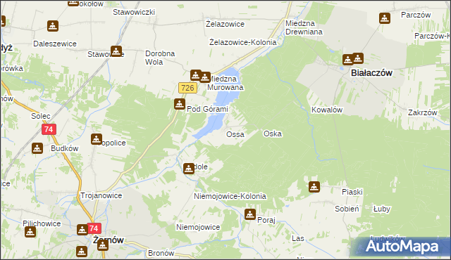 mapa Ossa gmina Białaczów, Ossa gmina Białaczów na mapie Targeo