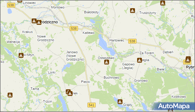 mapa Ostaszewo gmina Grodziczno, Ostaszewo gmina Grodziczno na mapie Targeo