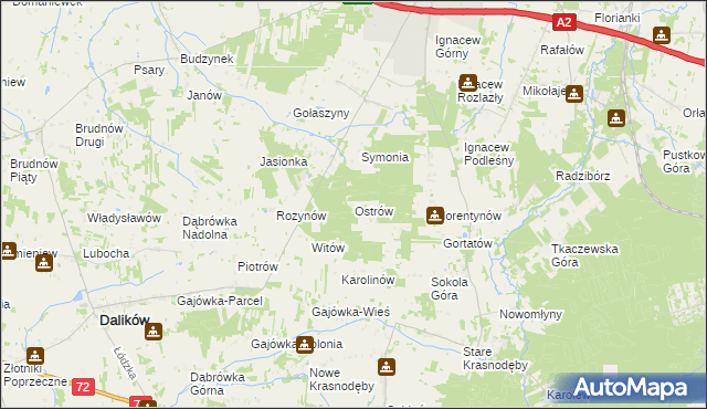 mapa Ostrów gmina Dalików, Ostrów gmina Dalików na mapie Targeo