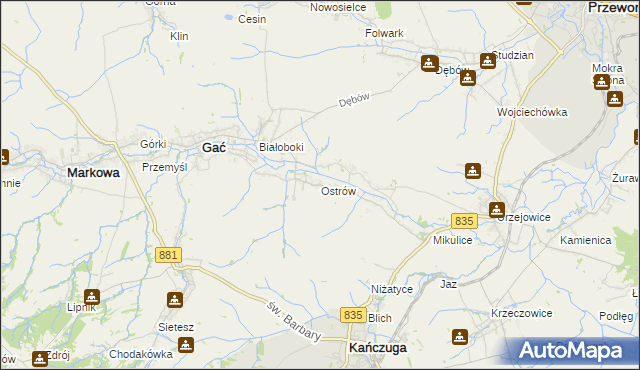 mapa Ostrów gmina Gać, Ostrów gmina Gać na mapie Targeo