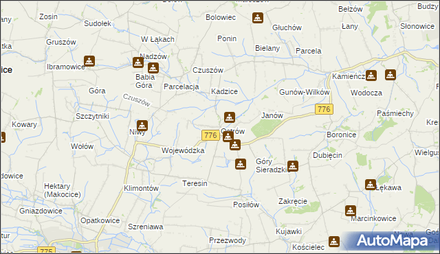 mapa Ostrów gmina Proszowice, Ostrów gmina Proszowice na mapie Targeo