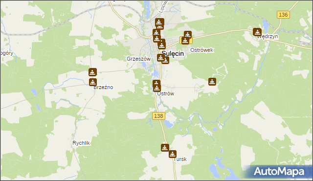 mapa Ostrów gmina Sulęcin, Ostrów gmina Sulęcin na mapie Targeo