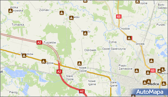 mapa Ostrówek gmina Siedlce, Ostrówek gmina Siedlce na mapie Targeo