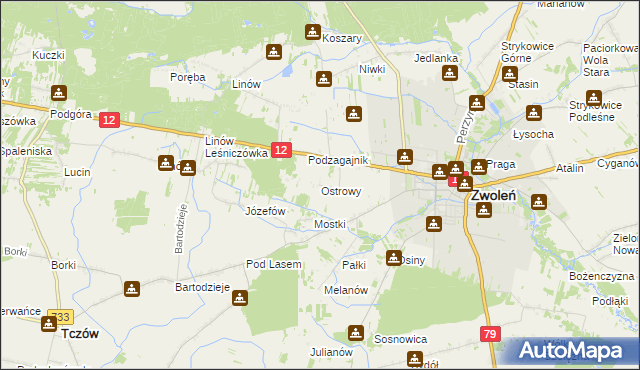 mapa Ostrowy gmina Zwoleń, Ostrowy gmina Zwoleń na mapie Targeo