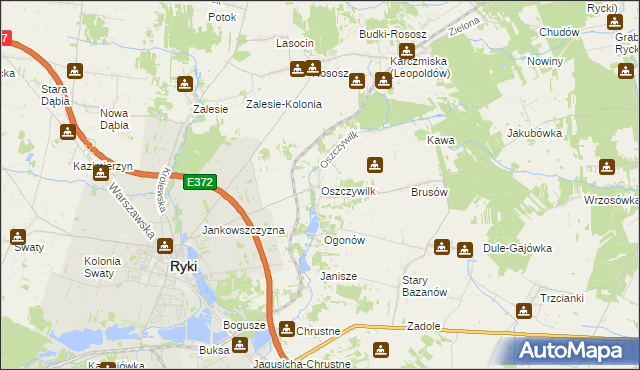 mapa Oszczywilk gmina Ryki, Oszczywilk gmina Ryki na mapie Targeo