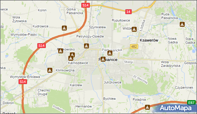 mapa Pabianic, Pabianice na mapie Targeo