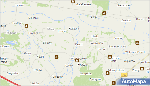 mapa Parski gmina Świnice Warckie, Parski gmina Świnice Warckie na mapie Targeo