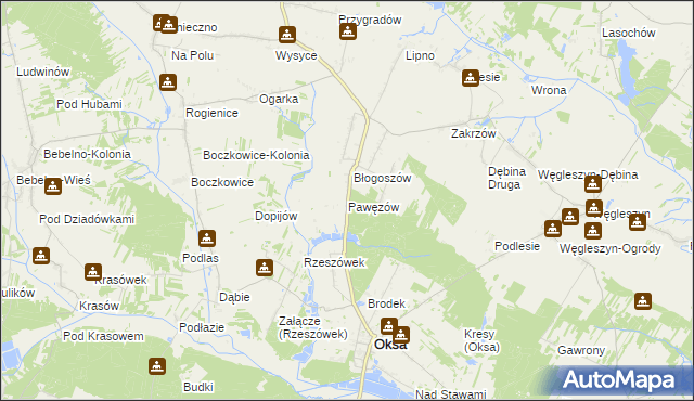 mapa Pawęzów gmina Oksa, Pawęzów gmina Oksa na mapie Targeo