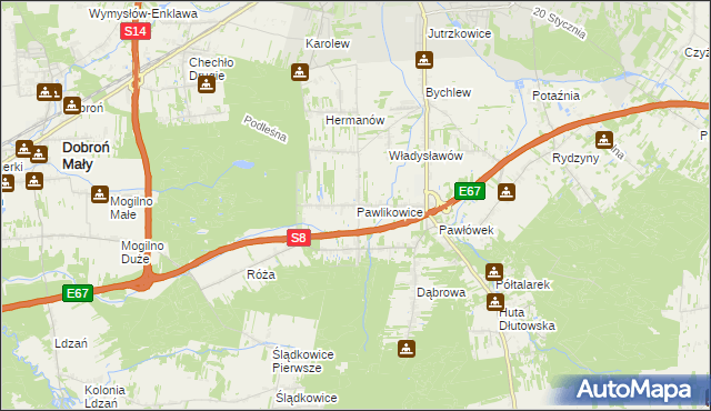 mapa Pawlikowice gmina Pabianice, Pawlikowice gmina Pabianice na mapie Targeo