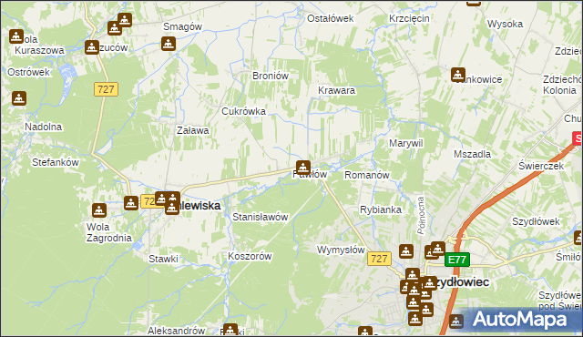 mapa Pawłów gmina Chlewiska, Pawłów gmina Chlewiska na mapie Targeo