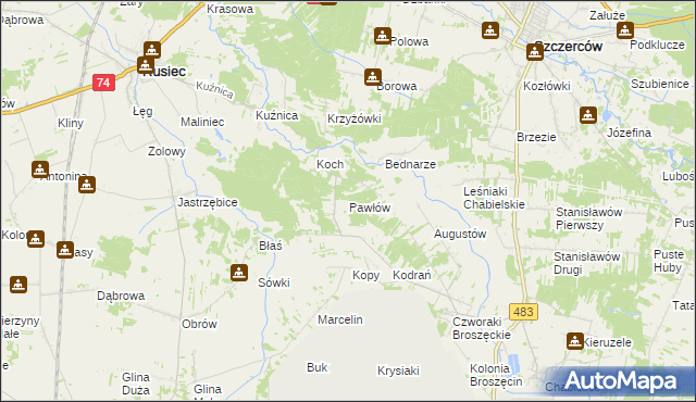 mapa Pawłów gmina Rusiec, Pawłów gmina Rusiec na mapie Targeo