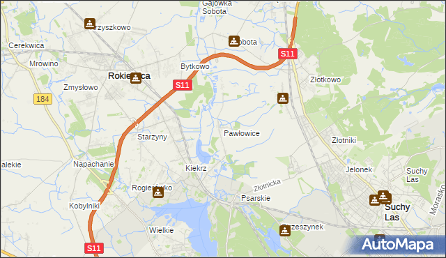 mapa Pawłowice gmina Rokietnica, Pawłowice gmina Rokietnica na mapie Targeo