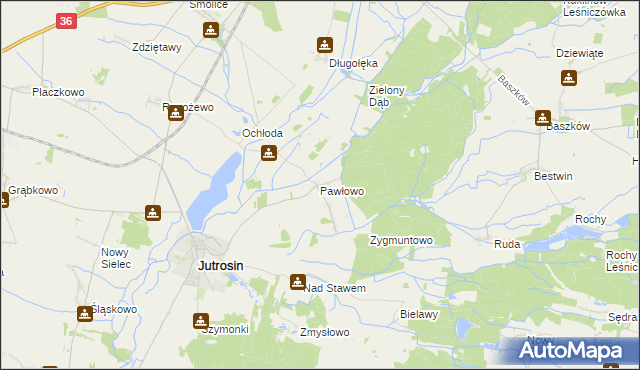 mapa Pawłowo gmina Jutrosin, Pawłowo gmina Jutrosin na mapie Targeo