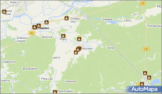 mapa Pęckowo gmina Drawsko, Pęckowo gmina Drawsko na mapie Targeo